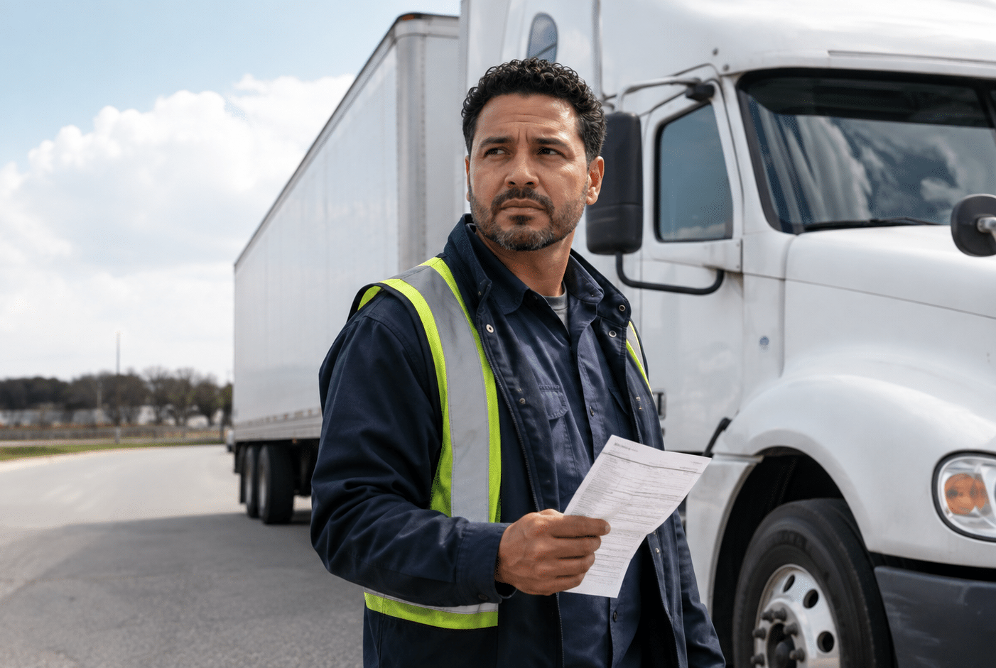 “Commercial truck driver holding paperwork beside a tractor-trailer.