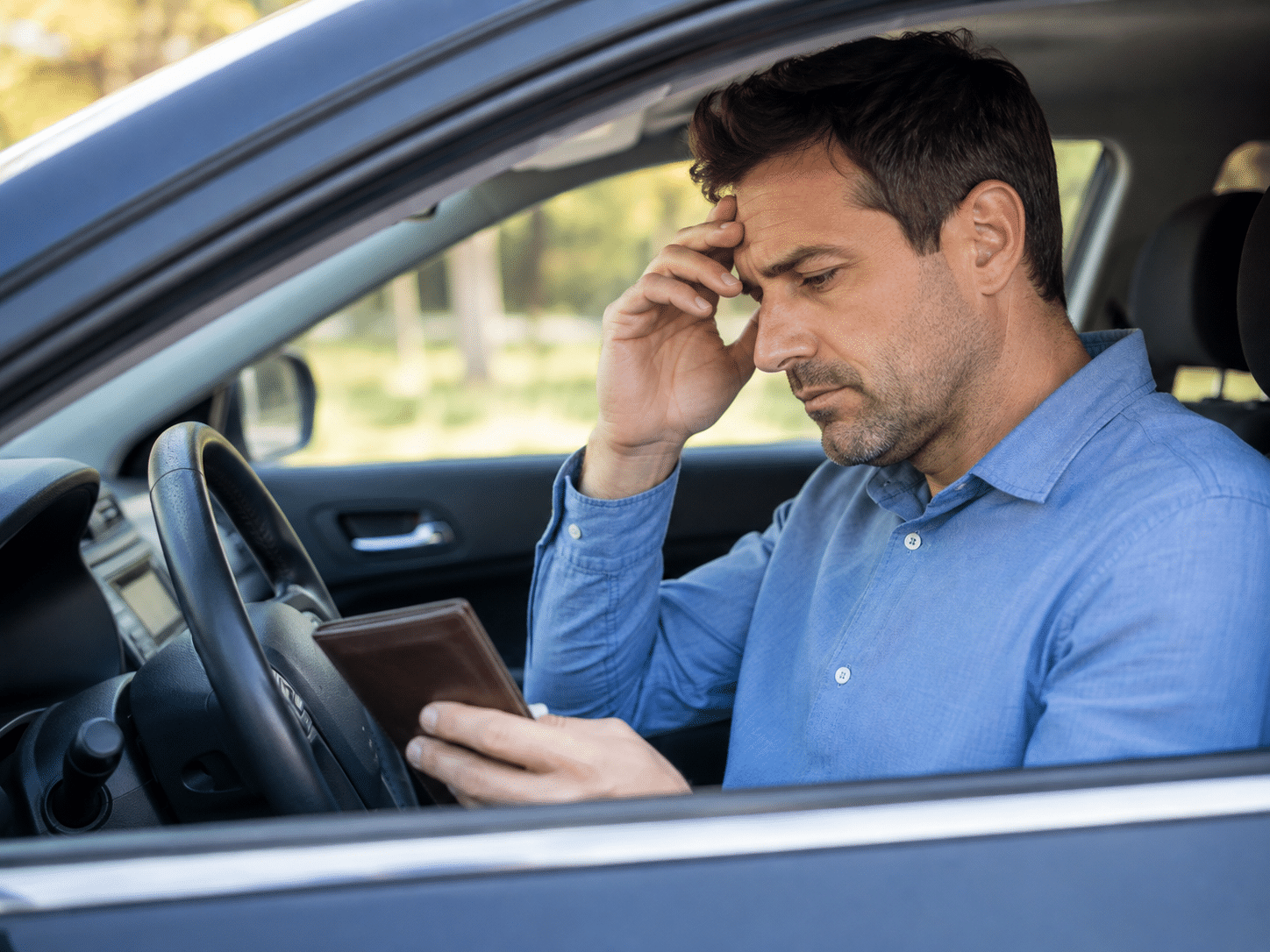 A man sitting in the parked car holding their license