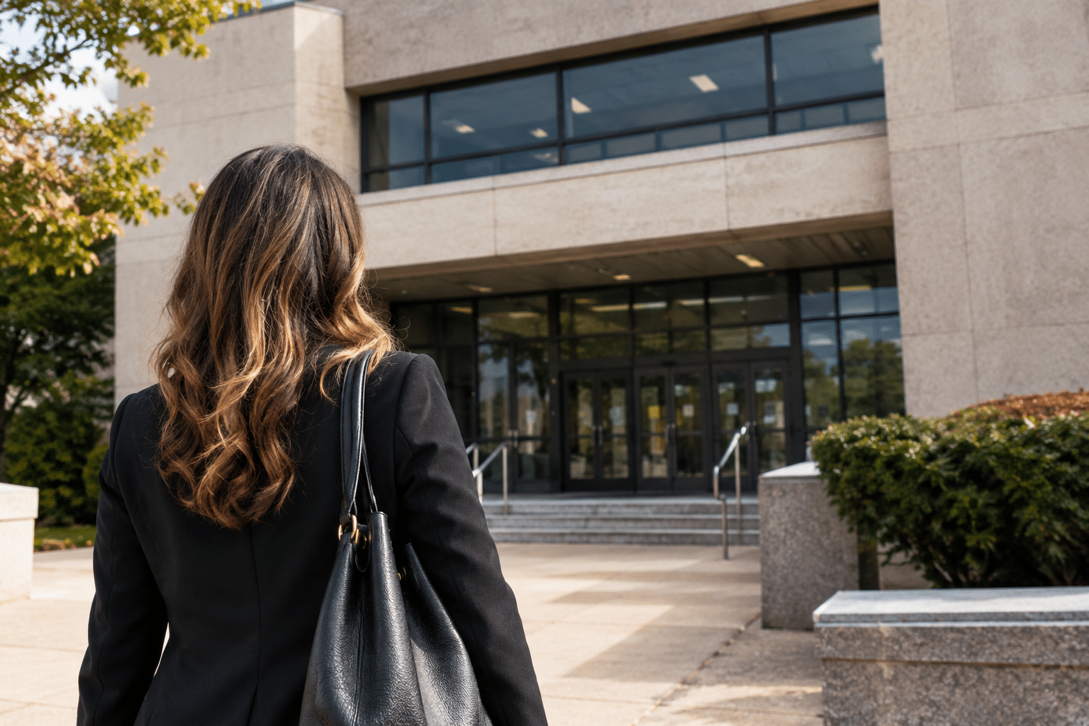 Woman walking toward a courthouse before a felony DWI proceeding in Suffolk County.